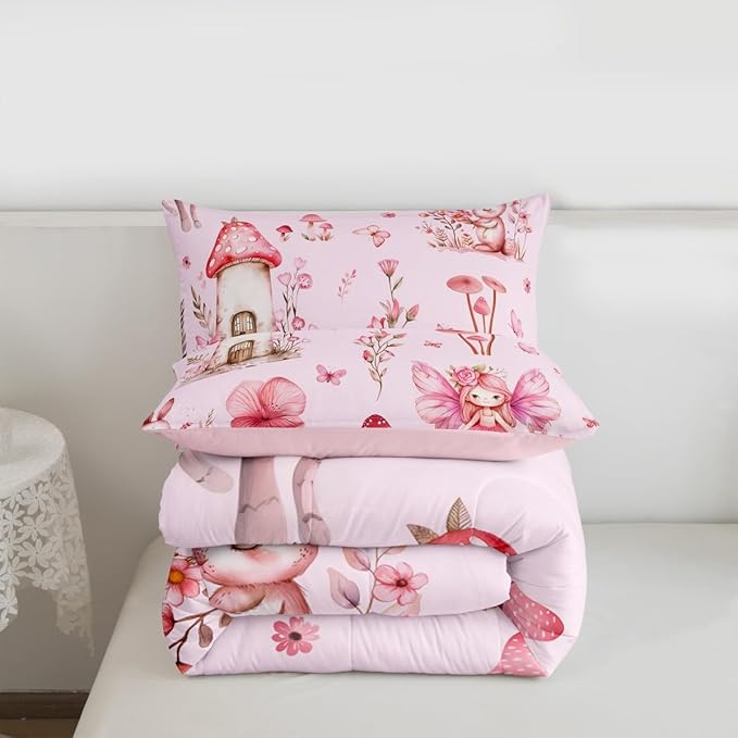 Erosebridal Pink Fairy Garden Full Bedding Sets - Mushroom Floral Comforter Set for Girls Kids, Pink Butterfly Flower Bunny Bed Set | Whimsical Fairies Room Decor with 2 Pillowcases