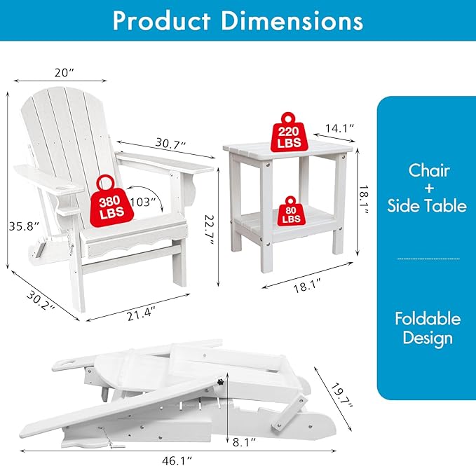 Folding Adirondack Chairs with Side Table, White Adirondack Chairs Weather Resistant, Outdoor Fire Pit Chairs for Patio Garden and Deck