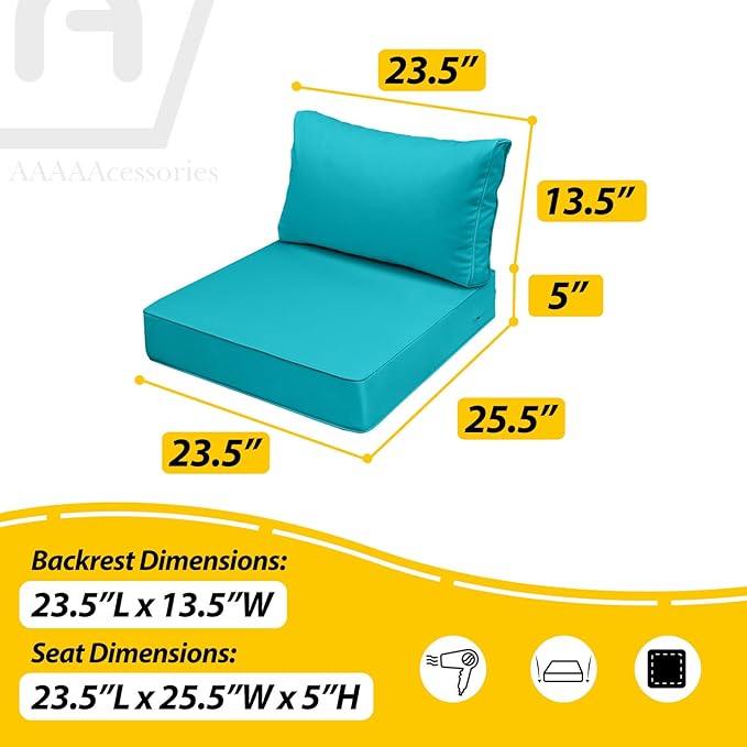 AAAAAcessories Outdoor Seat Cushions for Chairs, Fade-Resistant, Waterproof Patio Furniture Replacement Cushions, 23.5" x 25.5" x 5" + 23.5" x 13.5", Turquoise Blue