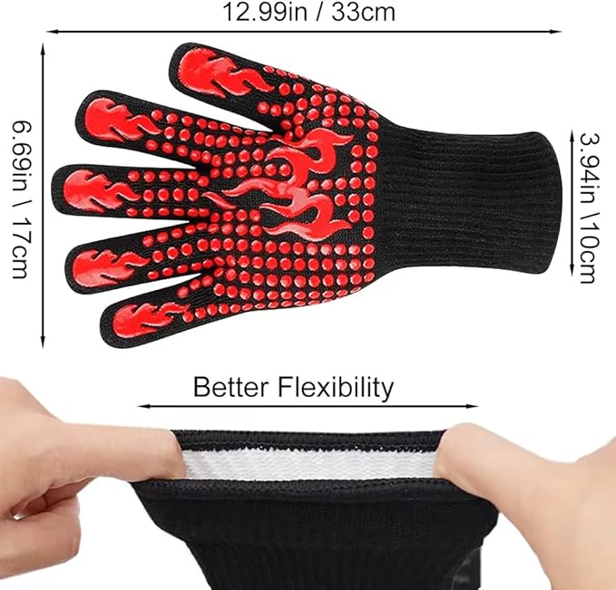 BBQ Gloves, Heat Resistant Gloves for Cooking, Non-Slip Grill Oven Mitts, 1472°F Extreme Heat Resistant Silicone Grilling Gloves for Barbecue, Frying, Baking, 1 Pair (Red)