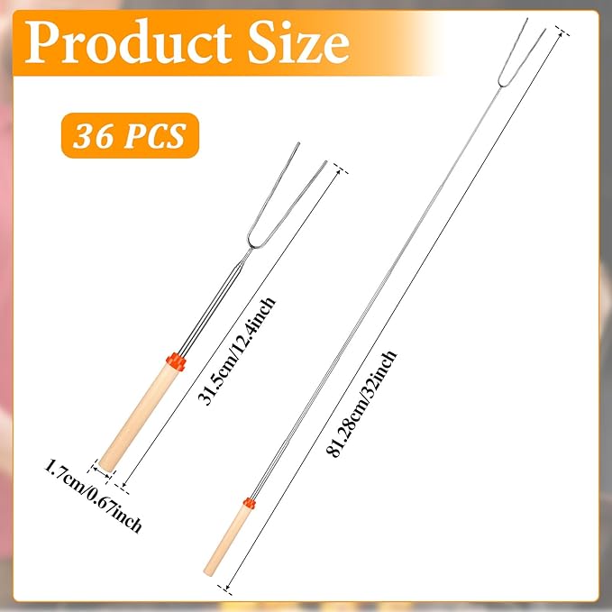 36PCS Marshmallow Roasting Sticks Bulk, 32 Inch Long Extendable Forks Smores Skewers for Smores Hot Dog Fire Pit Skewers Accessories Campfire Marshmellow Cooking Camping
