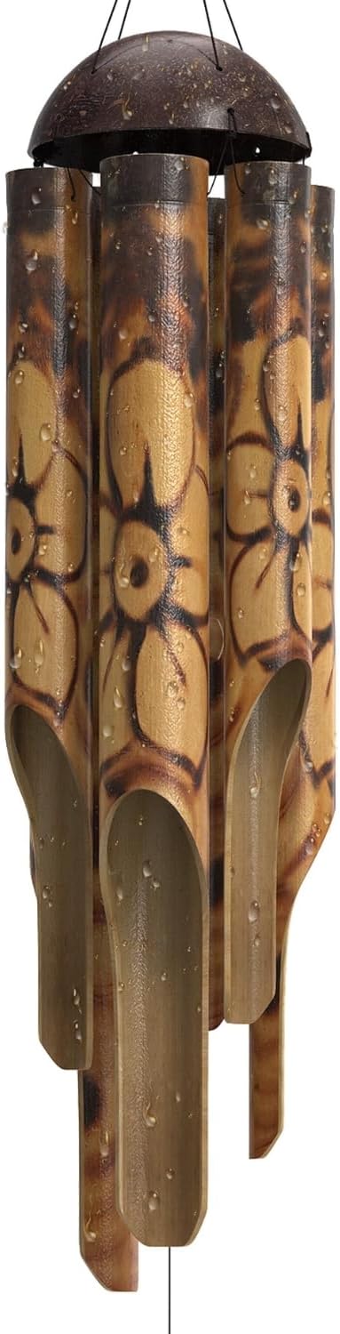 Rustic Bamboo Wind Chimes - Outside Outdoor Wooden Windchimes, Large, Floral Burned Design with Coconut Crown, Handcrafted with Calming Deep Tones, Home Decor, Ideal Gift for Him & Her