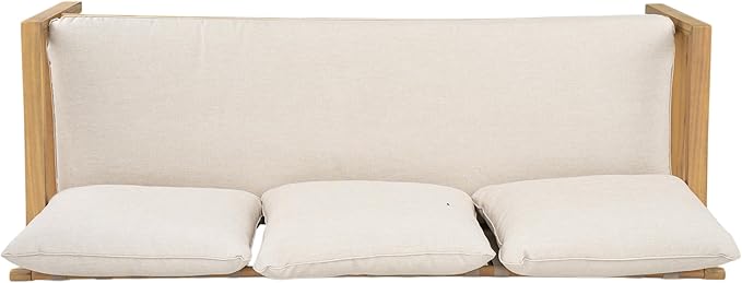 Christopher Knight Home Kaylle Outdoor 3 Seater Sofa with Cushion, Acacia Wood Patio Lounge Sofa with Woven Rope Backrest, Spacious Seating Couch for Backyard Garden Porch, Light Teak + Beige