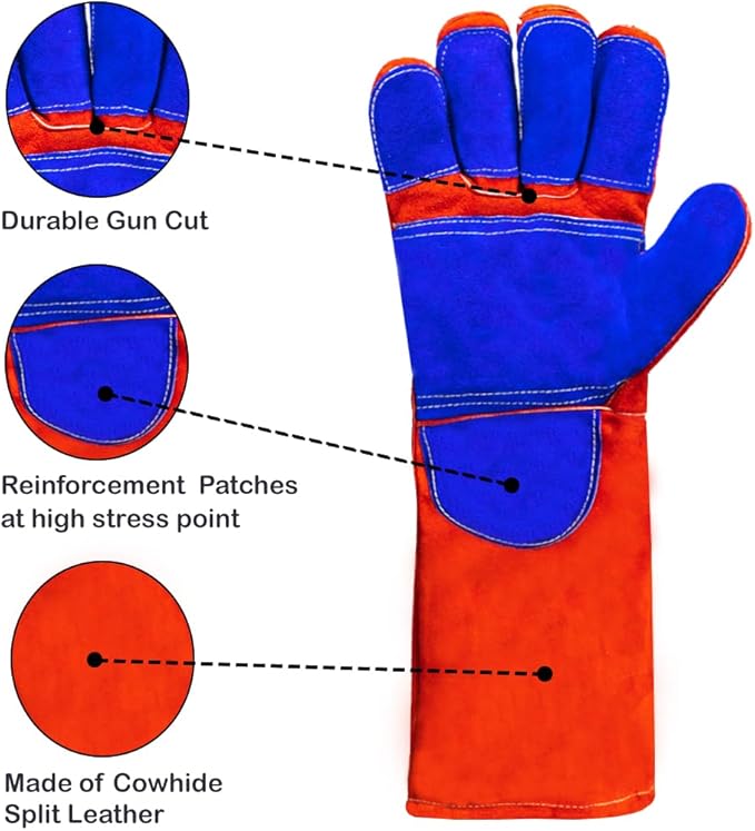 Welding/BBQ Leather Gloves, 16 Inches, Red-Blue, Heat/Fire Resistant, Mitts for Oven/Grill/Fireplace/Furnace/Stove/BBQ/16 inches Extra Long Sleeve