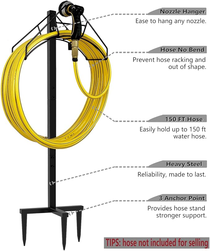 Freestanding Garden Hose Holder Hanger, Heavy Duty Metal Water Hose Reel Storage Stand Rack for Yard Lawn, Bright Black (Hose not Included)