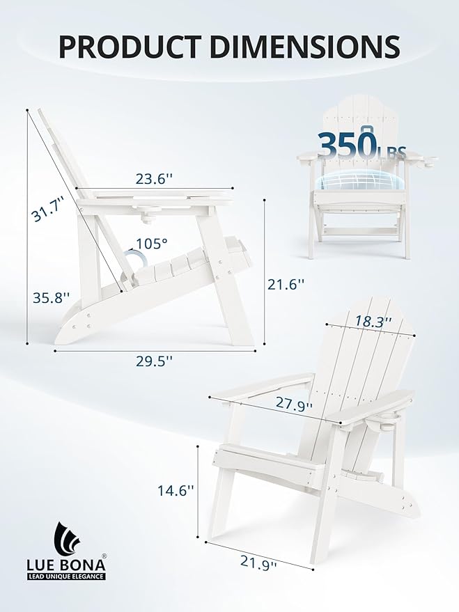 LUE BONA HDPE Adirondack Chairs Set of 4 - Salt-Spray Resistant Seating with Cup Holder for Poolside, Fire Pit, Deck & Coastal Resort, White