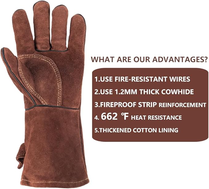 Fireproof Gloves for Fireplace & Fire Pit, Welding Gloves for Men & Women - 14 Inch Heat Resistant Leather Work Gloves (662℉) for MIG/TIG, BBQ, Camping - Premium Cowhide, Durable