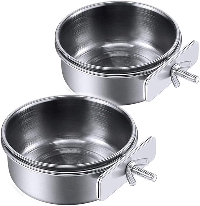PINVNBY 2PCS Parrot Feeding Cups Birds Food Dish Stainless Steel Parrot Feeders Water Cage Bowls with Clamp Holder for Cockatiel Conure Parakeet Parrot Macaw Small Animal (Size: L)