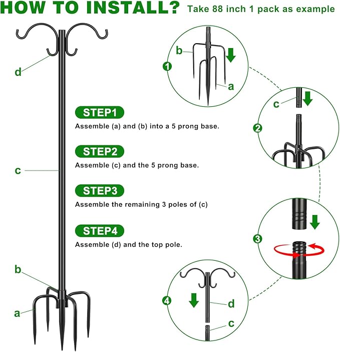 Heavy Duty Double Shepherd Hooks for Outdoor 1-in Dia with 5-Prong Base, 88inch Adjustable Decorative Metal Bird Feeder Pole for Hanging Bird Nest, Plant Basket,Lantern,Solar Light 2 Pack
