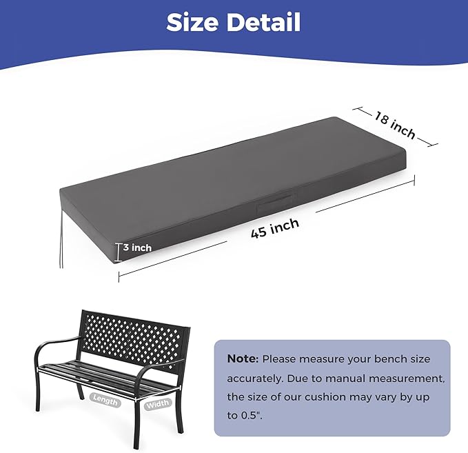 Outdoor Bench Cushions for Outdoor Furniture, 45x18x3 Inch, Waterproof Bench Pillow, Fade Resistant Long Bench Seat Pads for Garden, Indoor, Porch Swing, Dark Grey