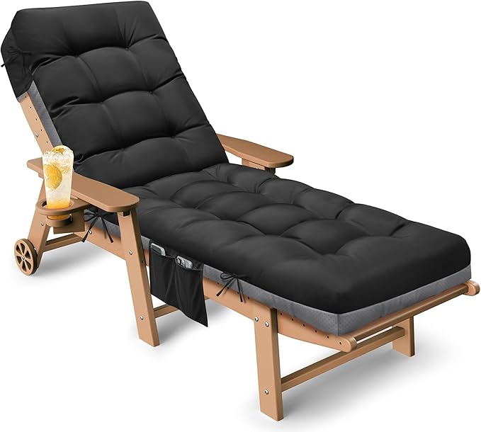 Outdoor Lounge Chair Cushion, Waterproof Replacement Chaise Lounge Cushions for Outdoor Furniture Thickened 71 x 22 x 4.7 Inches Non-Slip Patio Pool Lounge Chair Cushions with Ties (Black)