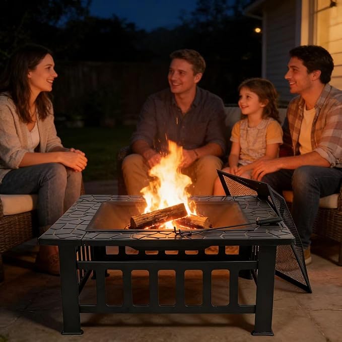 ZENY 32 inch Outdoor Fire Pit with Grill for Outside Wood Burning, Square Metal Outside Fireplaces, Spark Screen and Poker Included for Backyard Patio Camping Bonfire
