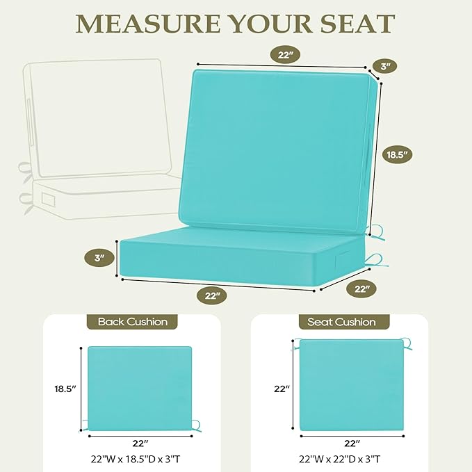 Wellsin Outdoor Cushions for Patio Furniture, Waterproof Outdoor Seat Cushions with Ties and Handle, 22X22 Outdoor Cushions, Outdoor Deep Seat Cushions with Removable Cover, Teal