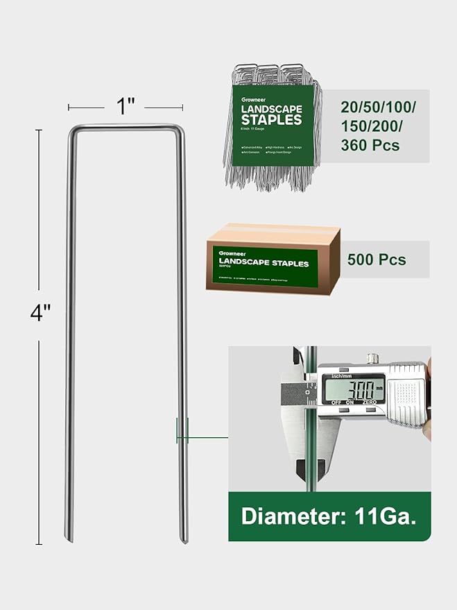 GROWNEER 100 Pack Landscape Staples 4 Inch 11 Gauge Heavy Duty Hot-Dip Galvanized Steel Garden Stakes U-Shaped Weed Barrier Spikes Metal Ground Pins for Lawn and Yard Landscaping