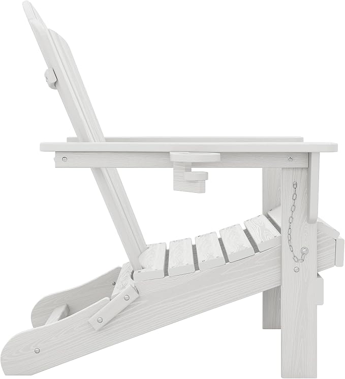 KINGYES Folding Adirondack Chair, HDPE All-Weather Patio Chairs with Cup Holder, Wooden Textured Fire Pit Chairs for Poolside, Backyard, Deck, White