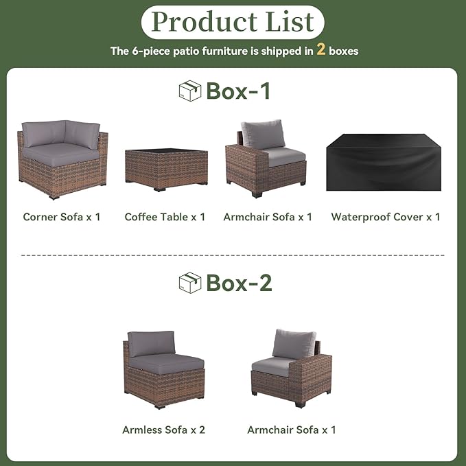 Aoxun 6 Piece Patio Furniture Set with Wide Armrests Wicker Rattan Outdoor Sectional Sofa Set with Coffee Table and Thickened Cushions, Brown/Grey(Waterproof Cover Included)