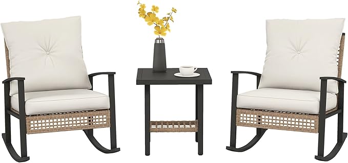 Outsunny 3 Pieces Rocking Wicker Outdoor Bistro Set, Rattan Patio Furniture Set with Coffee Table and Porch Chairs, Button Tufted Cushions for Backyard, Balcony, Garden, White