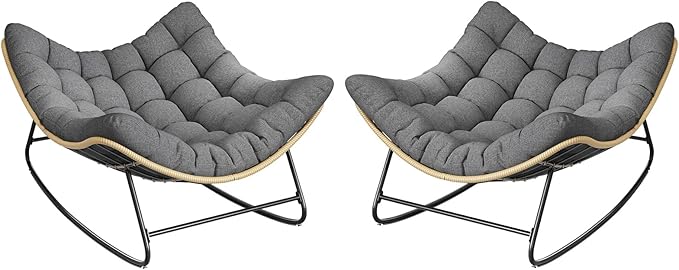 Outdoor Rocking Chair, 2 PCS Indoor Papasan Chairs, Oversized Egg Rocking Chair with Thick Cushion, Rattan Wicker Rocker Lounge Chair for Bedroom, Living Room, Patio, Garden, Porch (Dark Grey)