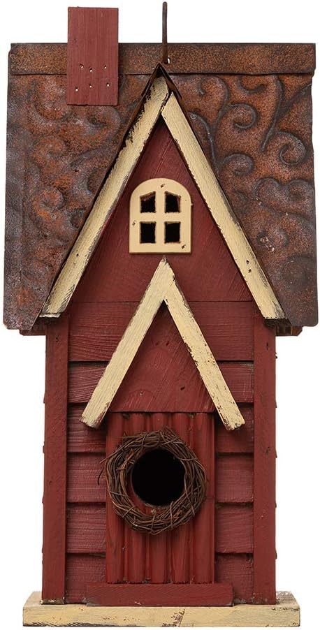 Glitzhome Bird Houses for Outside, Distressed Red Cottage Blue Bird House, 12" H Solid Wood Birdhouse Hanging Bird House for Outdoors
