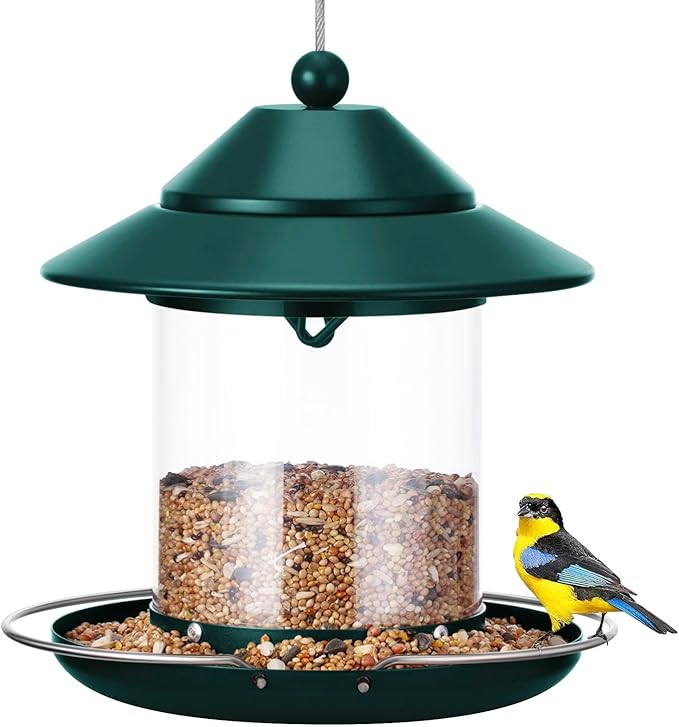 Metal Roof Bird Feeder, Hanging Bird Feeders for Outdoors with 2LB Clear Tube Seed Capacity for Viewing Cardinal Finch, 360° Feeding Small Wild BirdFeeders for Outside Garden Yard Decoration