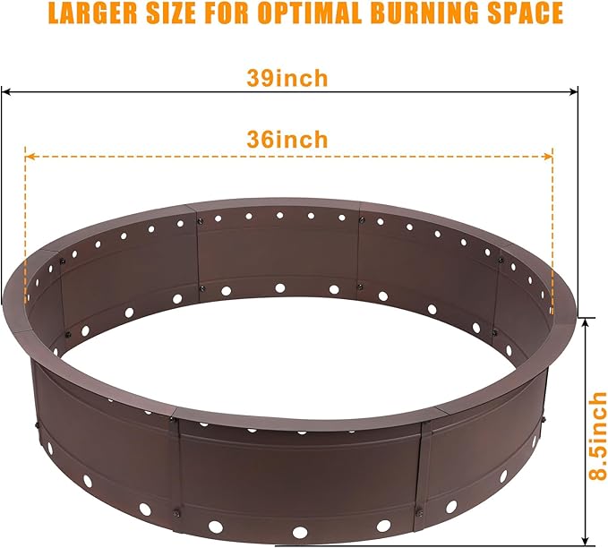 36 Inch Fire Pit Ring, Large Outdoor Campfire Pit for Patio Backyard Garden, Smokeless Steel Firepit with Air Vent for Efficient Burning & Anti-Rust Coating, Brown Steel