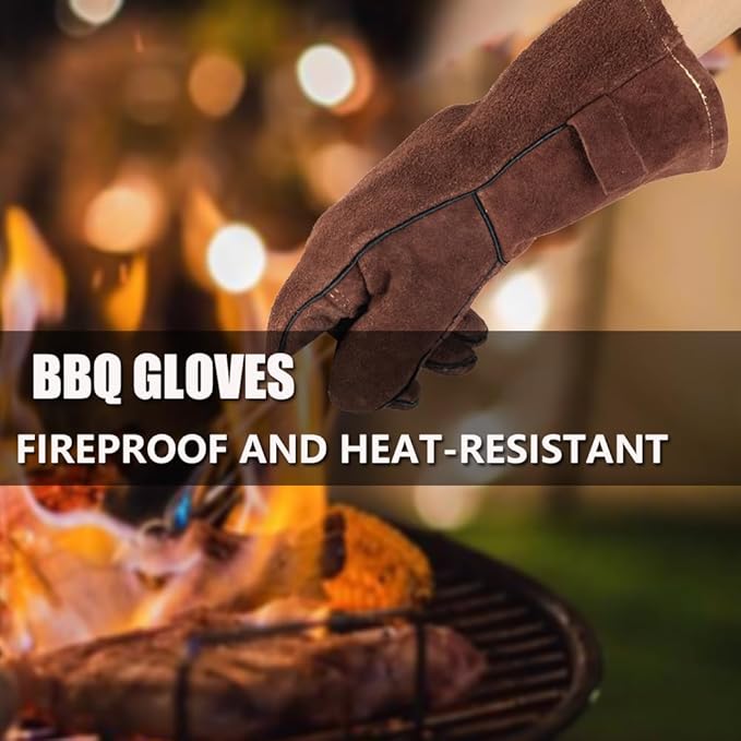 Fireproof Gloves for Fireplace & Fire Pit, Welding Gloves for Men & Women - 14 Inch Heat Resistant Leather Work Gloves (662℉) for MIG/TIG, BBQ, Camping - Premium Cowhide, Durable