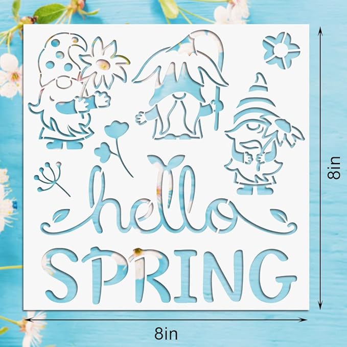9PCS Large Spring Stencils for Painting on Wood, Wall, Fabric - Words, Flowers, Wreath, Birds, Gnomes Templates for DIY Home Decorations, Paint Wood Signs - Reusable Plastic
