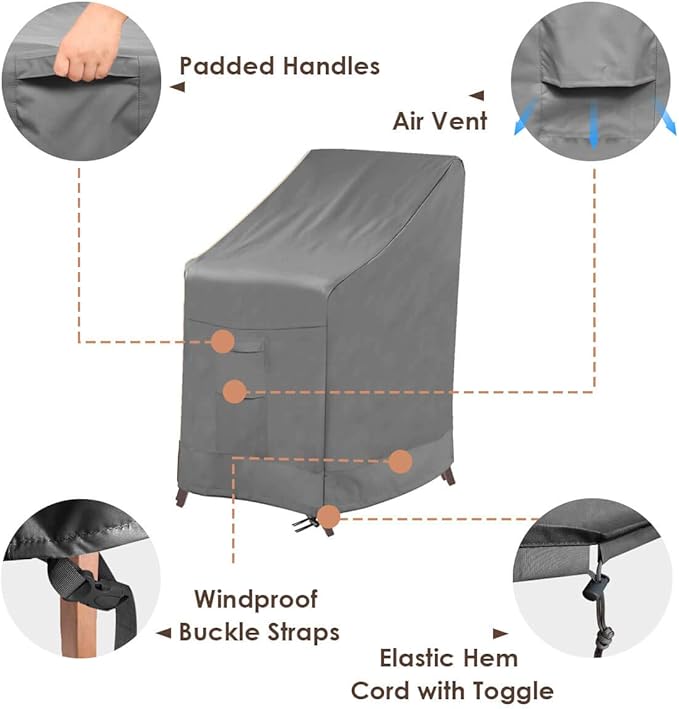 Vailge Stackable Patio Chair Cover,100% Waterproof Outdoor Chair Cover, Heavy Duty Lawn Patio Furniture Covers,Fits for 4-6 Stackable Dining Chairs,36"Lx28"Wx47"H,Grey