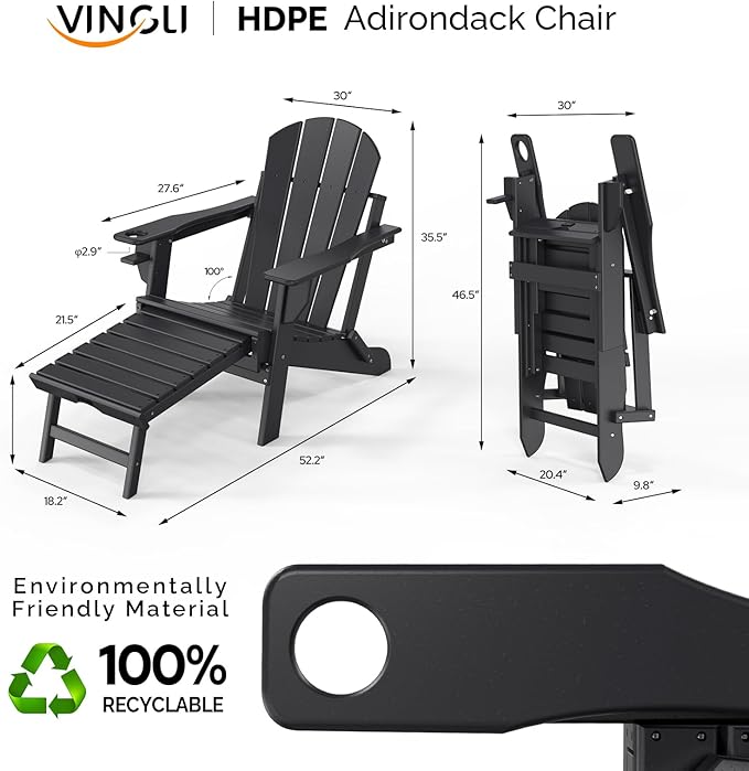 VINGLI Folding Adirondack Chair with Ottoman, Waterproof Plastic HDPE Firepit Chair for Outside with Hidden Footrests, Foldable Ergonomics Seating for Patio Porch Yard Garden(Black)