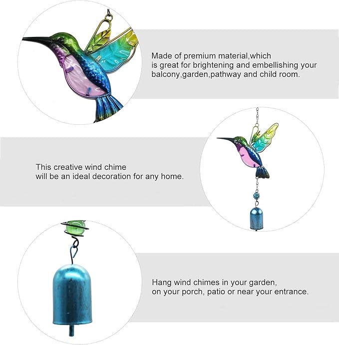 Wind Chimes Hummingbird, Garden Small Wind Chime for Home, Party, Festival Decor, Glass Garden Valentines Day Gift Decoration Indoor/Outdoor, Lifelike Hummingbird Bell Deep Tone Style