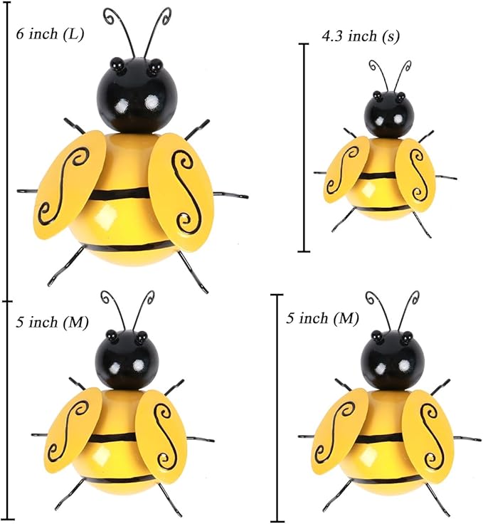 MACLARONX 4 PCS Metal Bumble Bee Garden Decor Outdoor Honey Bee Fence Yard Art Outside Patio Home Wall Decoration