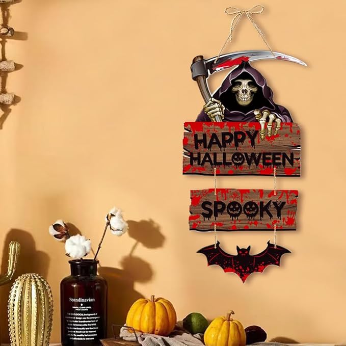 Happy Halloween Decorations Death Hanging Sign Front Door Hanger Wreath Decor Indoor Outdoor Decor for Halloween Party Home Farmhouse Wall Porch Yard Window Decoration Supplies