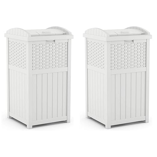 Suncast Wicker Plastic Outdoor Hideaway 33 Gallon Trash Can Bin with Latching Lid for Backyard, Deck, or Patio Use, White (2 Pack)