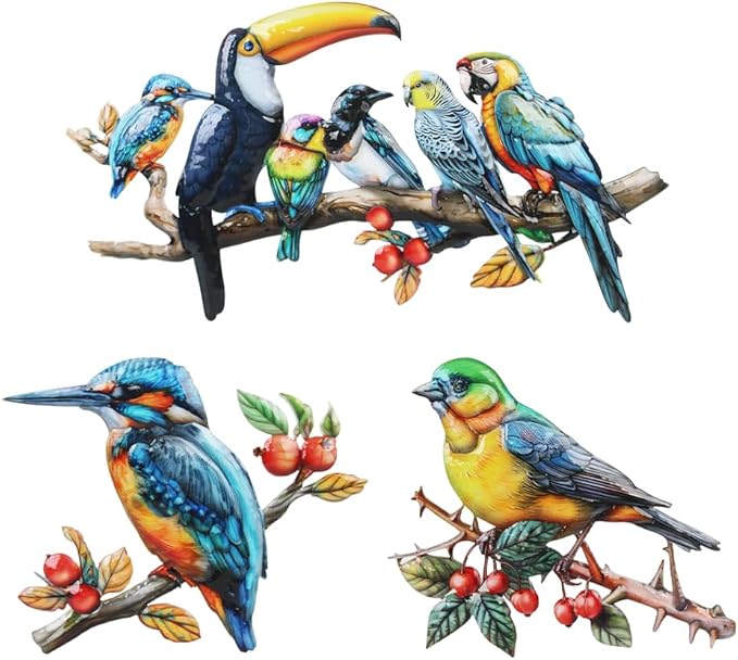 3 Pcs Metal Birds Wall Art Garden Decor, 3D Colorful Birds Outdoor Wall Art Yard Patio Fence Decoration, Hummingbird Parrot Toucan Wall Hanging Sculpture Outside Gift for Women Mom