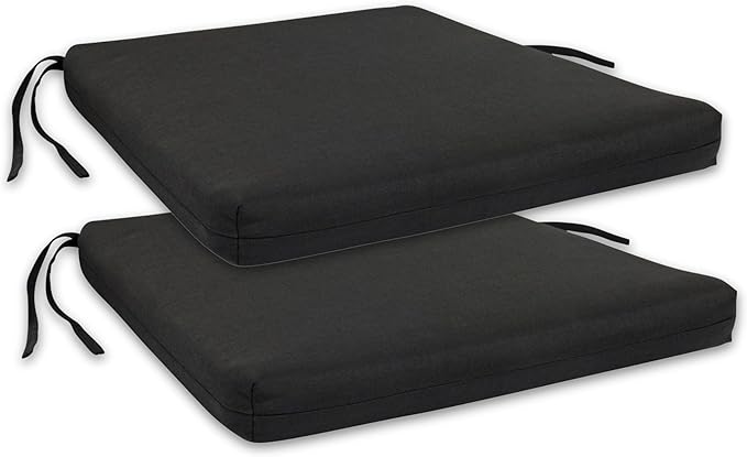 Shine Company Weather-Resistant Outdoor Rocking Chair Seat Cushions, 22"x20", Performance Fabric with Foam Core, Removable Cover with Ties, Set of 2, Black