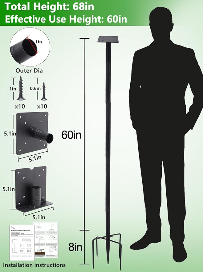 Bird Feeder Pole for Outdoors - 68" Adjustable Bluebird House Stand with 5-Prong Anchor, Heavy Duty Outside Smart Hummingbird Feeding Station Mounting Pole