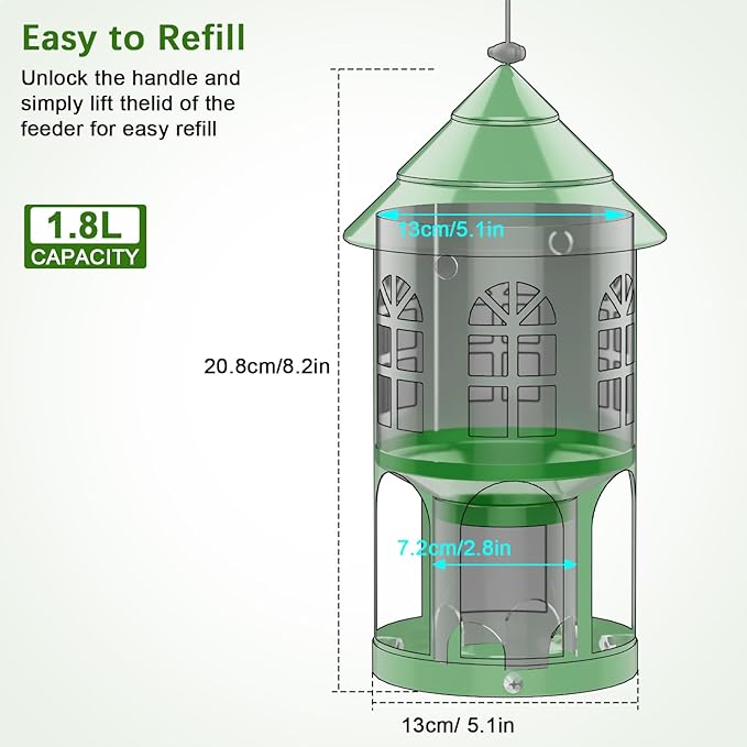 Bird Feeders for Outdoors Hanging, Metal Wild Bird Feeder for Outdside Easy to Clean & Refill, Weatherproof & Large Capacity, Ideal Birdfeeder for Attracting Finch, Cardinal, Blue Jay, Green