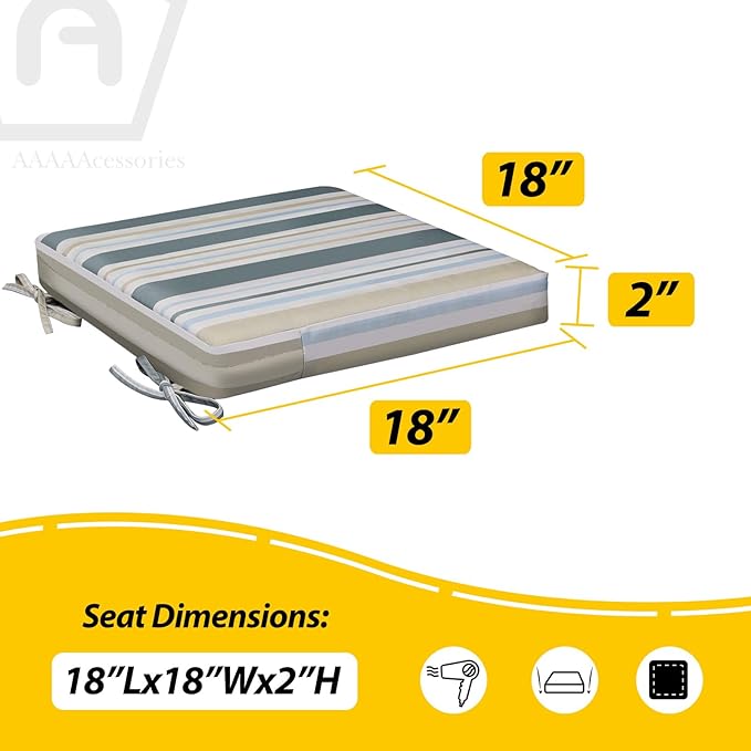 AAAAAcessories Outdoor Seat Cushions for Chairs, Waterproof, Fade-Resistant, 18" x 18" x 2", Patio Furniture Replacement Cushions, Set of 2, Slate Gray Blue Coastal Stripe
