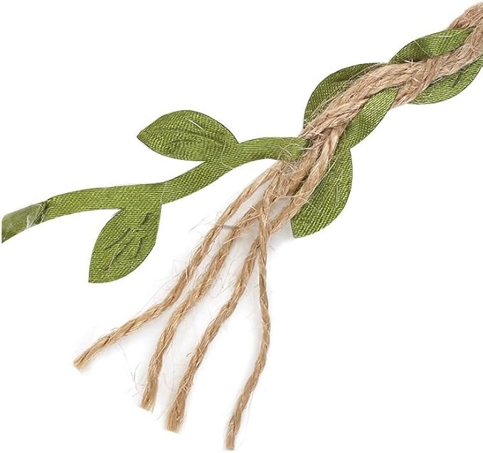 Tenn Well Burlap Leaf Ribbon, 66 Feet 5mm Natural Jute Twine Ribbon with Artificial Leaves for Crafts, Wedding, Jungle Safari Party, Baby Shower Decor, Home Decor