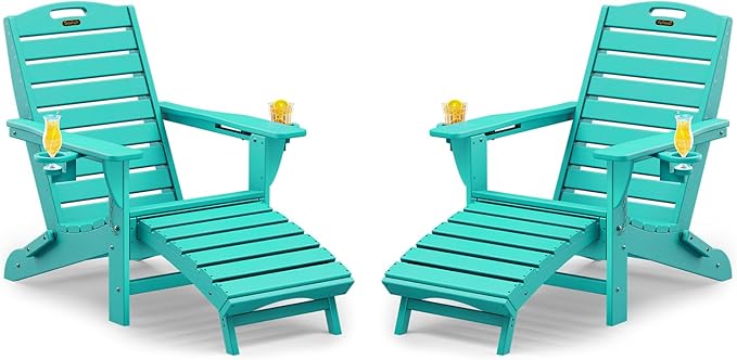 Folding Adirondack Chairs Set of 2,Adirondack Chair with Retractable Ottoman,Plastic Adirondack Chairs with 2 Cup Holder,Weather Resistant Patio Chair,Outdoor Chairs Set of 2(Lake Blue)
