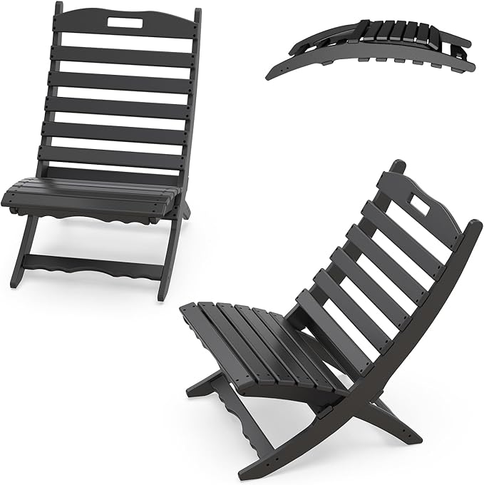IVY&LANE Portable Xavier-Chairs Set of 2 | Folding-Adirondack-Chair | Wave | HDPE Plastic | Black | All-Weather Resistant | for Outdoor Fire-Pit Patio Lawn Beach Poolside