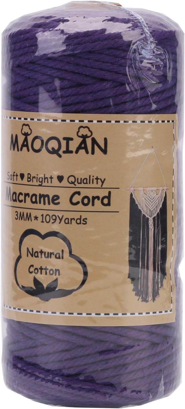 Deep Purple Macrame Cord 3mm x 109Yards,Colored Cotton Rope Colorful Cotton Cord Soft Craft Cord Twine for Wall Hanging Plant Hangers Crafts Decorative Projects