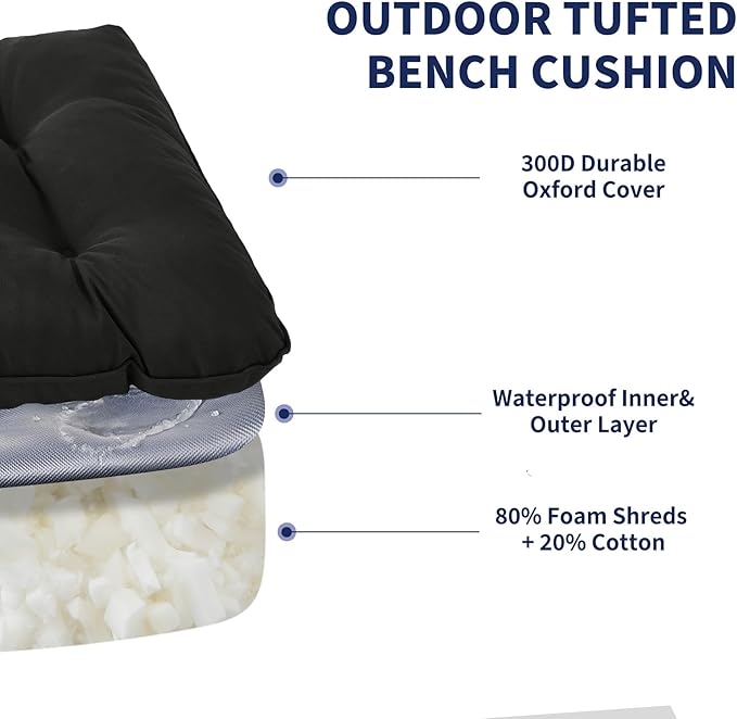 Outdoor Bench Cushion, 48x18x5 Inch, Waterproof Bench Cushion for Outdoor/Indoor Furniture, Tufted Patio Bench Seat Cushion, Fade Resistant Outdoor Cushions for Porch Swing Couch, Black