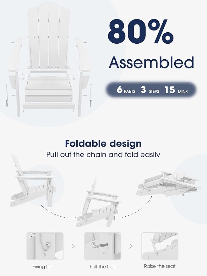 KINGYES Folding Adirondack Chair, HDPE All-Weather Patio Chairs, Wooden Textured Lawn Chair for Poolside, Backyard, Deck, Fire Pit, White