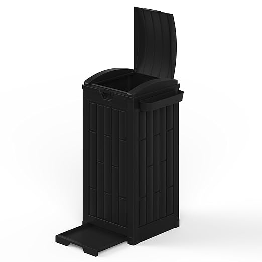 30 Gallon Black Outdoor Trash Can with Hinged Lid, Weather-Resistant Resin Waste Container for Patio, Backyard, Pool Area, Home & Commercial Use