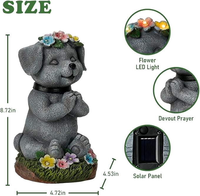 Meditating Dog Garden Statue with Solar LED Lights - Zen Yoga Puppy Figurine with Succulents, Waterproof Resin Decor, 8.7" Outdoor Sculpture, Heartwarming Dog Lover Gifts for Women, Mom, Yard Art