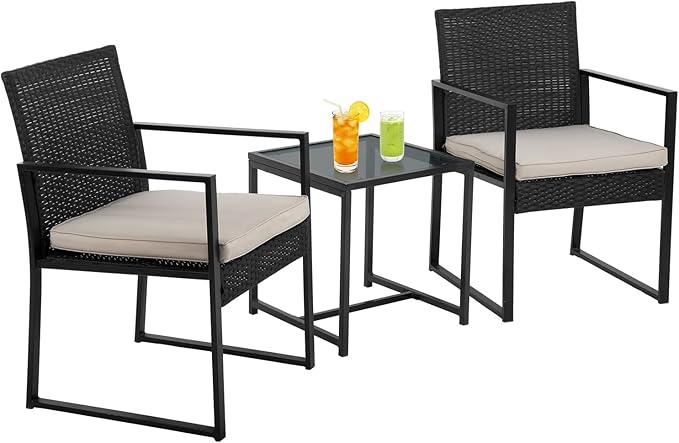 PayLessHere | 3-Piece Outdoor Patio Furniture Set | Khaki | Modern Rattan Bistro Set with Cushioned Chairs & Tempered Glass Coffee Table | Indoor & Outdoor Seating | for Balcony, Garden, Poolside