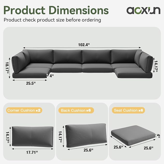 Aoxun Replacement Cushions for Outdoor Furniture, 14-Piece Outdoor Cushions for Patio Furniture, Deep Seat, Waterproof & Fade Resistant Couch Cushion for 6-Seat Patio Conversation Sets, Grey