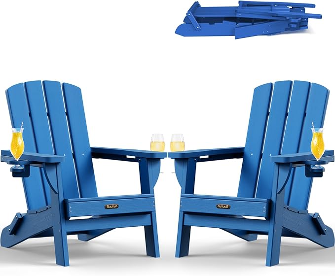 Folding Adirondack Chair 2 Pack, HDPE All-Weather Fire Pit Chairs, Plastic Adirondack Chairs with 2 Cup Holder, Outdoor Lawn Chair for Patio Garden (Royal Blue)