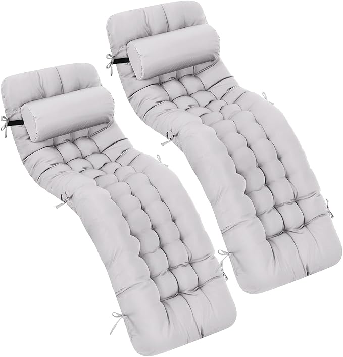 Tudomro 2 Pcs Light Gray 66'' Outdoor Chaise Lounge Cushion Waterproof Patio Lawn Pool Chaise Lounge Cushion with Headrest Pillow & Ties Weather Fade Resistant Replacement Longue Chair Pad